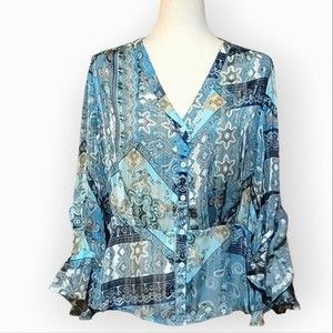 Umgee Paisley Print Button Front Blouse with Scallop Trim Detail
